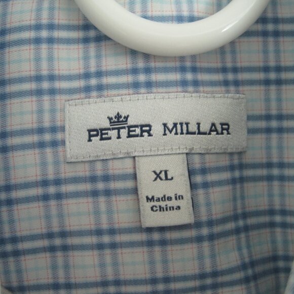 Peter Millar Long Sleeve Button Down Dress Shirt XL Blue White Plaid Cotton Silk - Picture 3 of 10